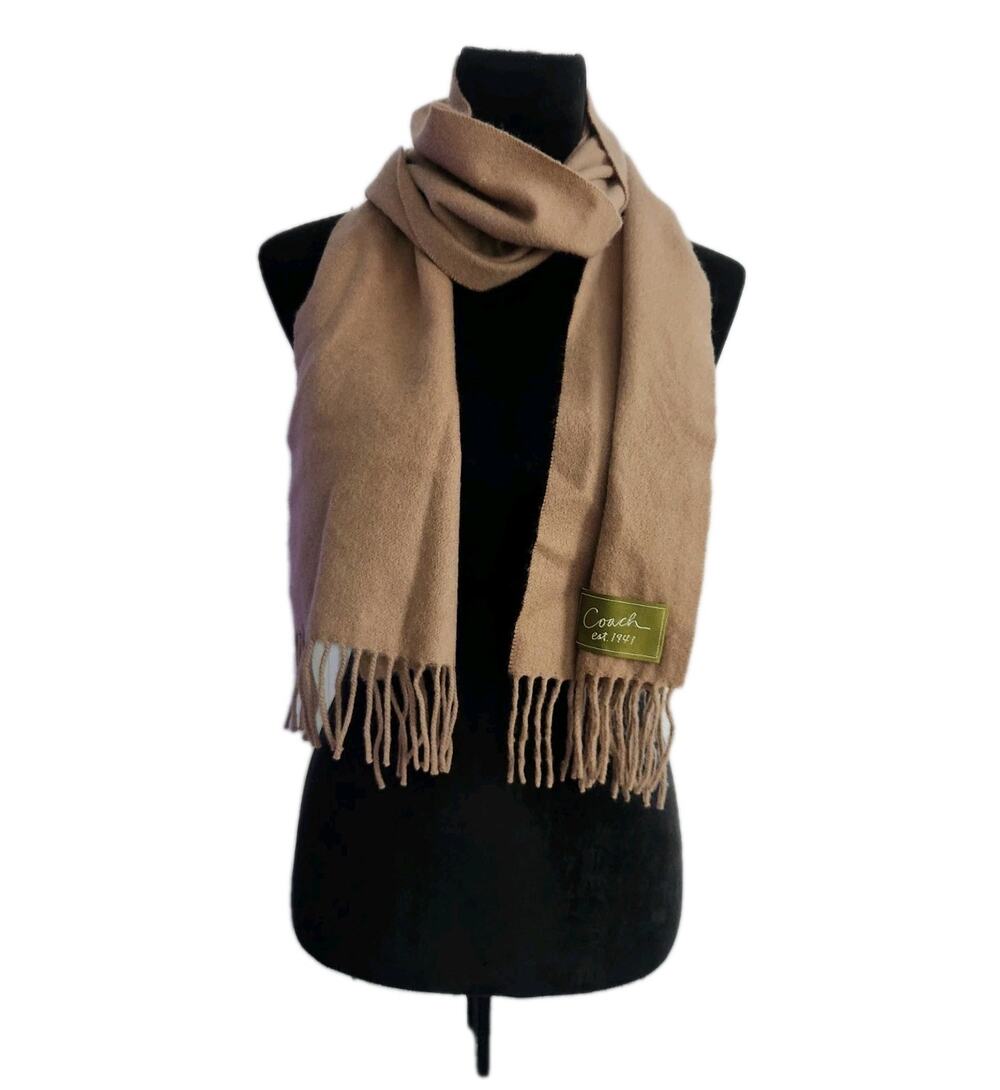 Coach Unisex Camel Cashmere Wool Scarf With Fringe 64" × 10" Euc